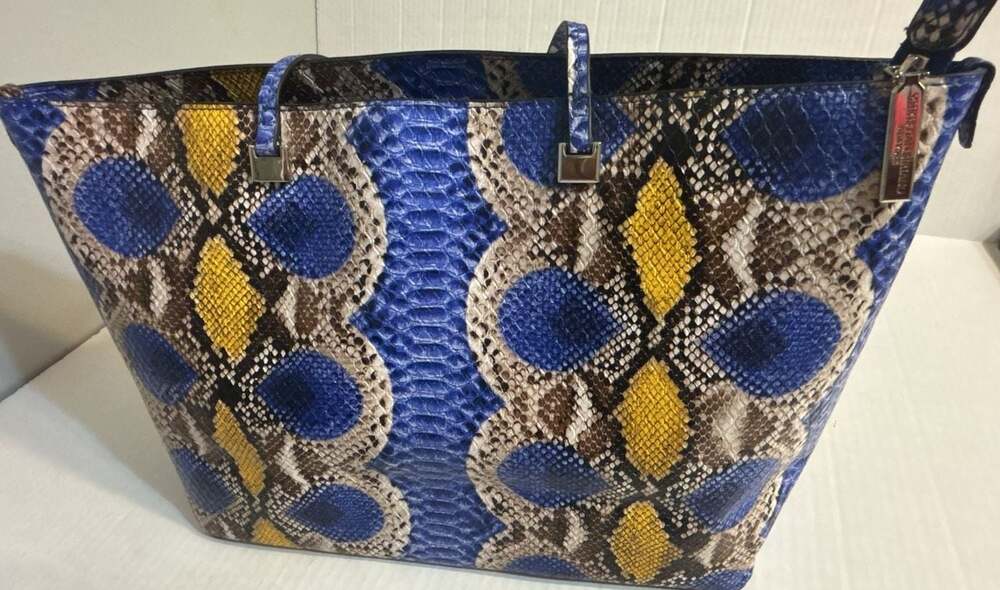 Christian Siriano Blue and Yellow Snakeskin Python Print Tote Bag